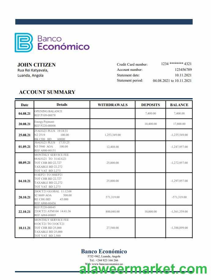 Angola Banco Ecenomico bank statement template in Excel and PDF format